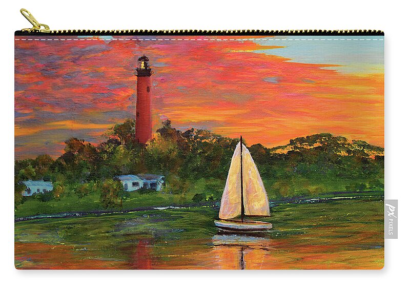 Delray Zip Pouch featuring the painting Jupiter Lighthouse Sunrise Alt by Ken Figurski