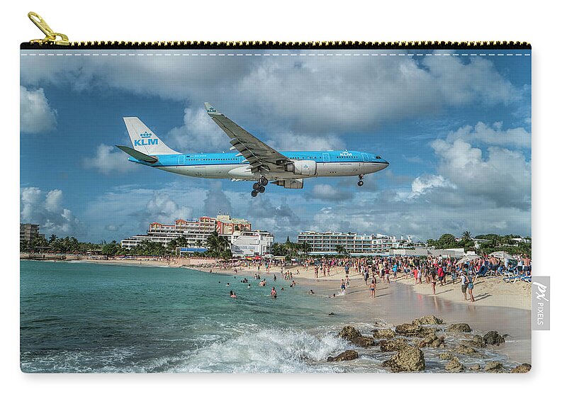 Klm Zip Pouch featuring the photograph K L M A330 landing at SXM by David Gleeson