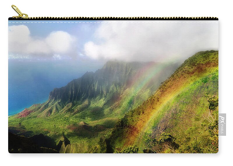 Lifeguard Zip Pouch featuring the photograph Kalalau Valley Double Rainbows Kauai, Hawaii by Lawrence Knutsson