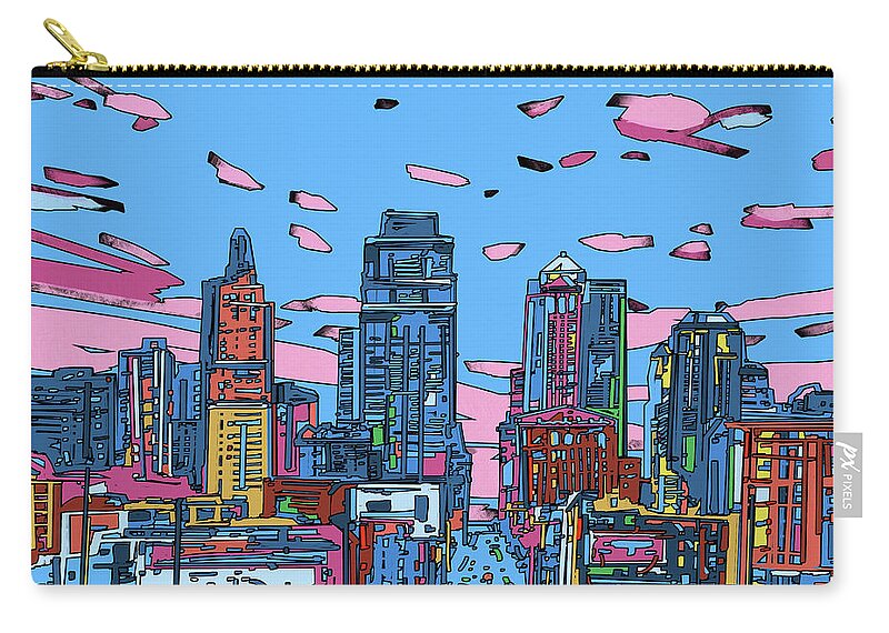 Kansas City Zip Pouch featuring the digital art Kansas City Skyline Panorama 4 by Bekim M