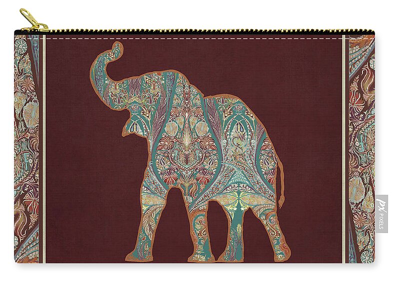 Rust Carry-all Pouch featuring the painting Kashmir Patterned Elephant 3 - Boho Tribal Home Decor by Audrey Jeanne Roberts