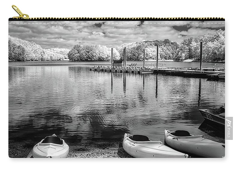 Needwood Zip Pouch featuring the photograph Kayaks awaiting - IR mono by Izet Kapetanovic