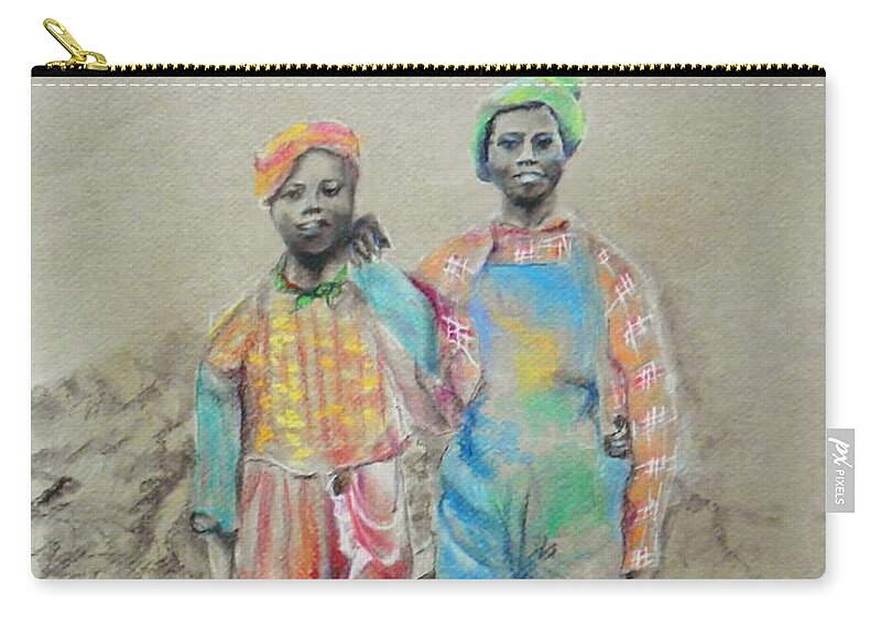 African-american Boys Zip Pouch featuring the drawing Kickin' It -- Black Children from 1930s by Jayne Somogy
