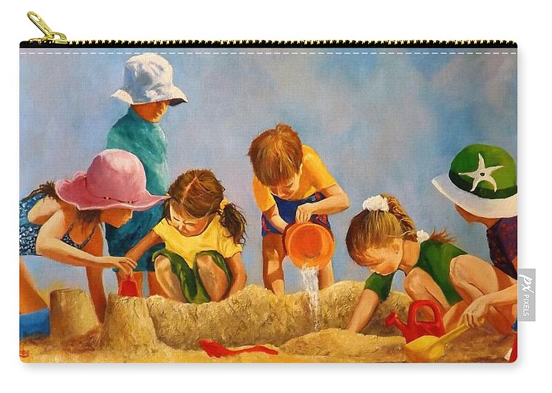 Beach Summer Sandcastles Seaside Children Zip Pouch featuring the painting Kings Queens And Castles by Barry BLAKE