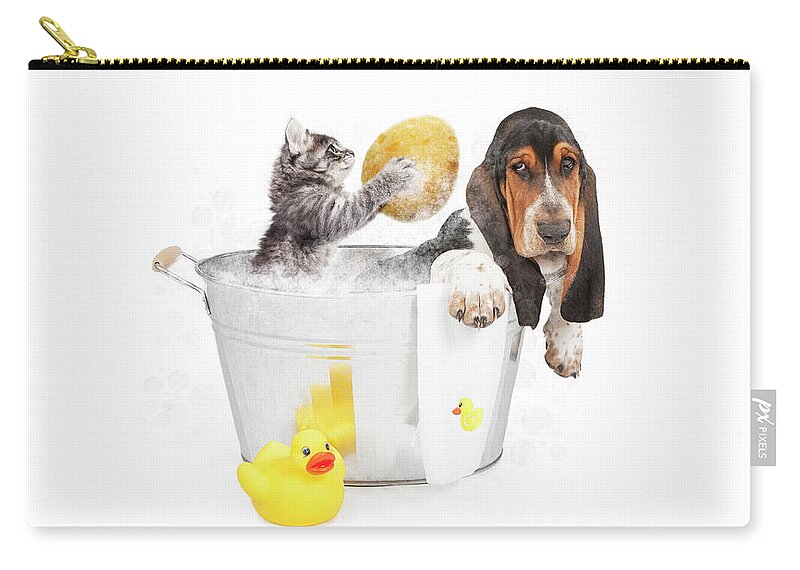 Dog Zip Pouch featuring the photograph Kitten Washing Basset Hound in Tub by Good Focused