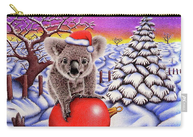 Christmas Card Zip Pouch featuring the drawing Koala on Christmas Ball by Casey 'Remrov' Vormer
