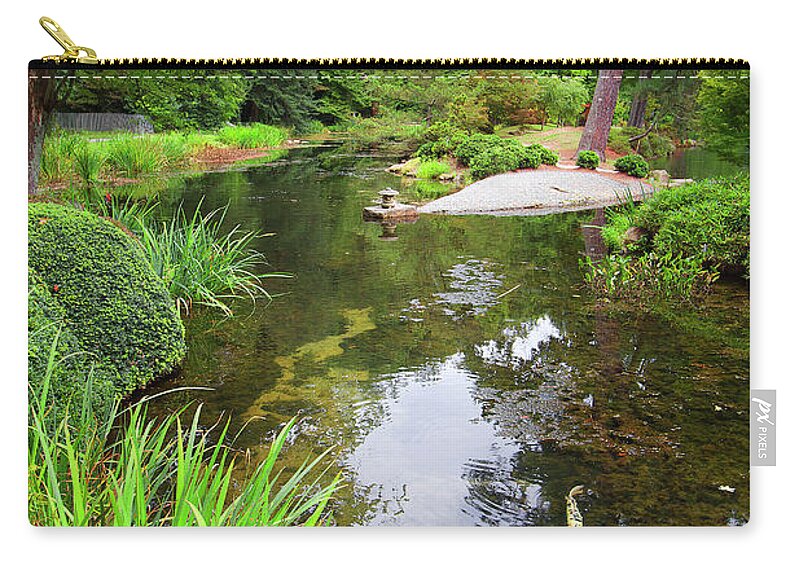 Koi Pond Fish Stream Brook Pond Japanese Garden Maymont Park Virginia Stream Brook Blue Cloudy Sky Zip Pouch featuring the photograph Koi Fish Pond Maymont by Karen Jorstad