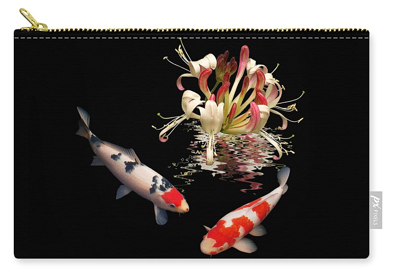 Fish Zip Pouch featuring the photograph Koi With Honeysuckle Reflections Square by Gill Billington
