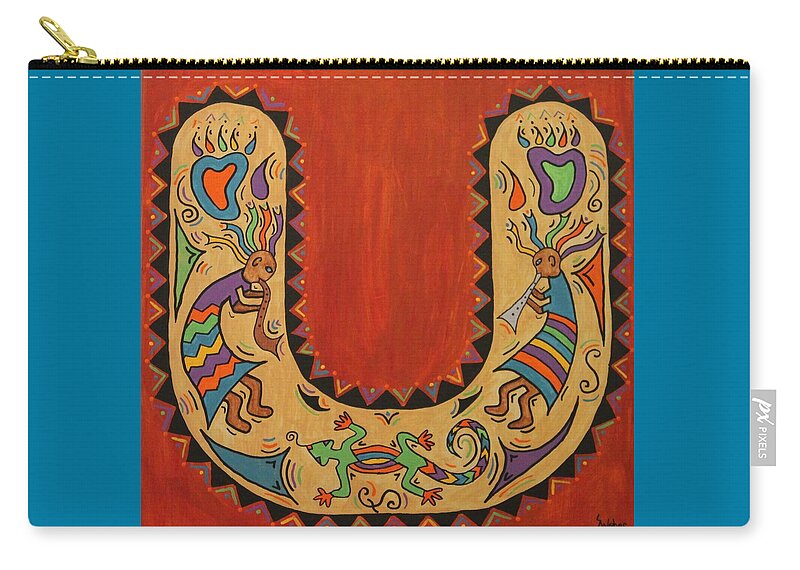 Black Zip Pouch featuring the painting Kokopelli Horseshoe by Susie WEBER