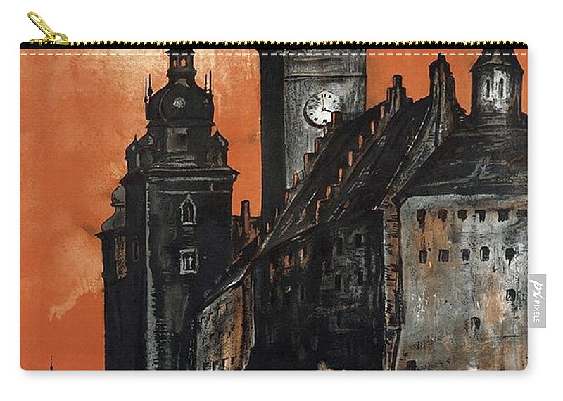 Krakow Zip Pouch featuring the painting Krakow Castle - Vintage Travel Poster - Dark by Studio Grafiikka