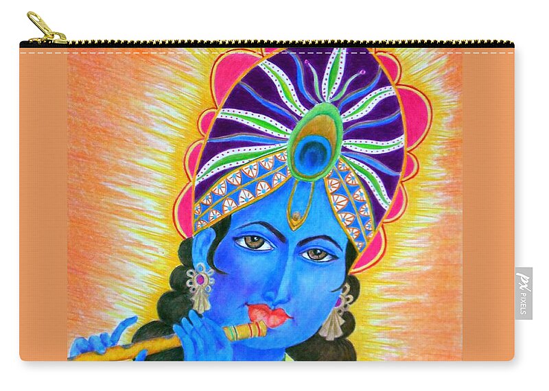 Krishna Zip Pouch featuring the drawing Krishna -- Colorful Portrait of Hindu God by Jayne Somogy
