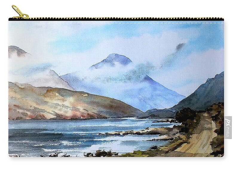 Kylemore Zip Pouch featuring the painting Kylemore Lough, Galway by Val Byrne