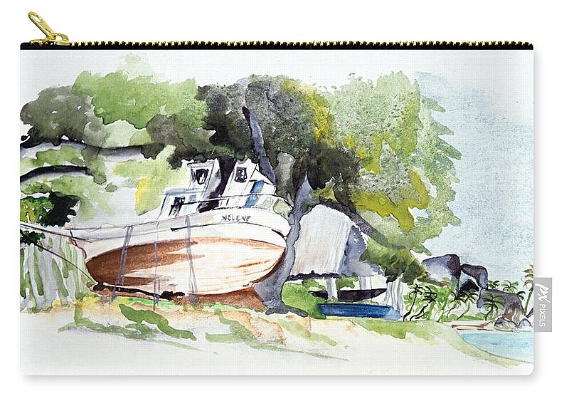Fishing Village Zip Pouch featuring the painting La Digue Island - Seychelles by Joan Cordell