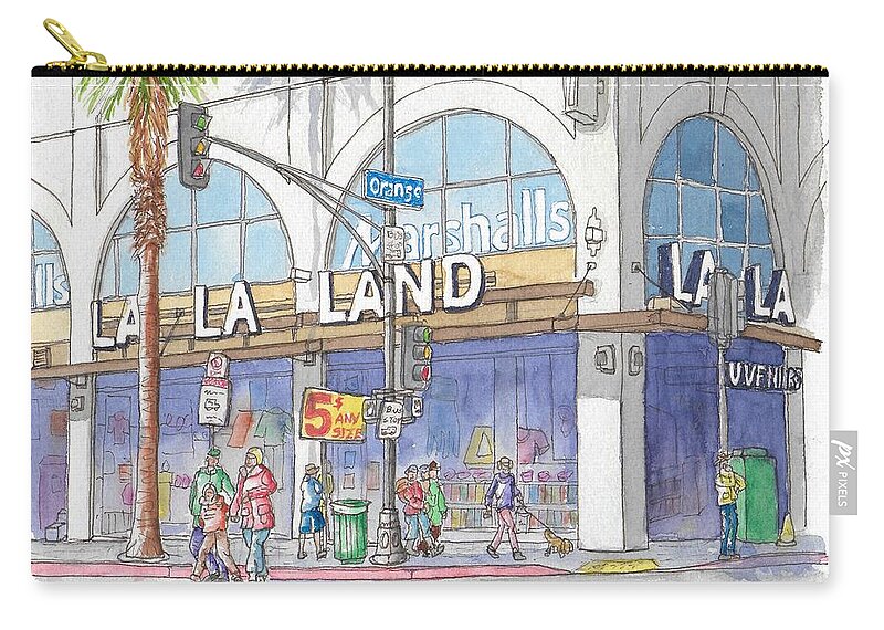 La La Land Zip Pouch featuring the painting La La Land and Marshalls Stores in Hollywood Blvd., Hollywood, California by Carlos G Groppa