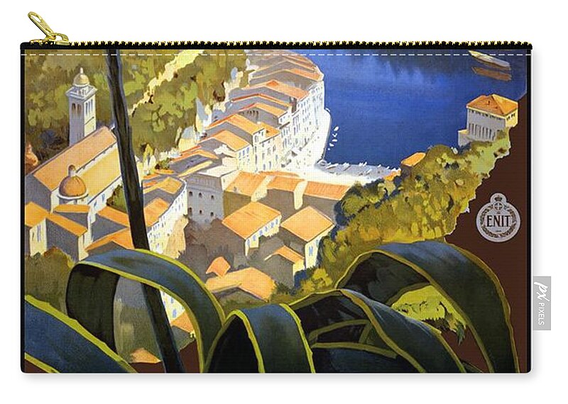 Italy Zip Pouch featuring the painting La Riviera Italienne - Beautiful Italian Landscape by a lake and mountains - Vintage Travel Poster by Studio Grafiikka