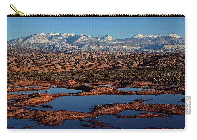Polholes Zip Pouch featuring the photograph La Sal Mountains and Ephemeral Pools by Tranquil Light Photography