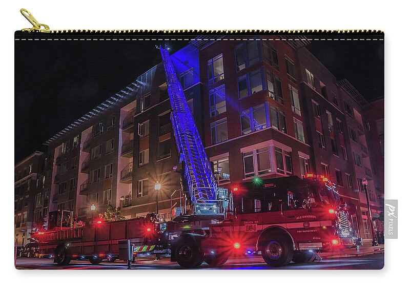 2016 Zip Pouch featuring the photograph Ladder Truck Deployed at Night by Jeff at JSJ Photography