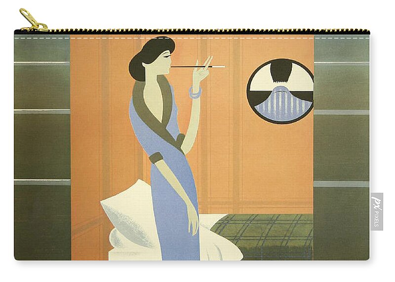 Lady Zip Pouch featuring the painting Lady smoking in couchette, railway poster by Long Shot