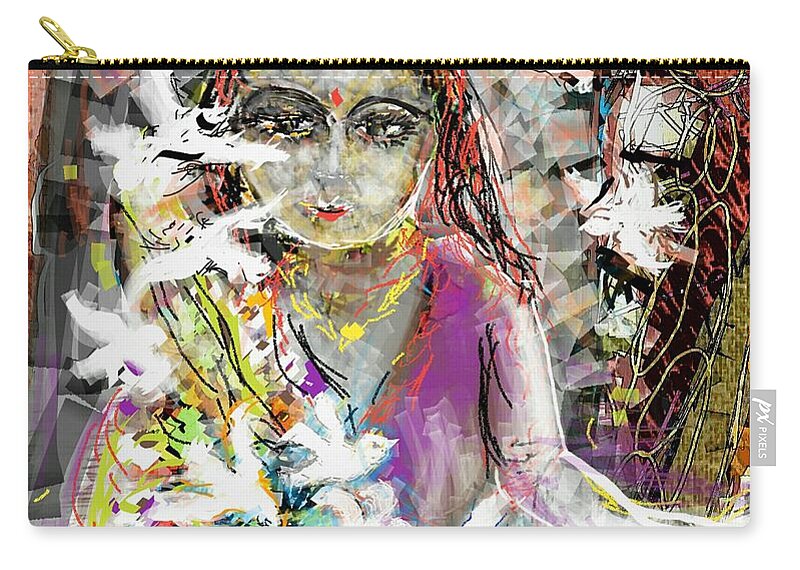 Smartphone Drawing Zip Pouch featuring the digital art Lady with birds by Subrata Bose