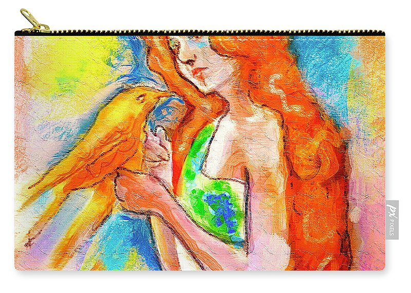 Painting Zip Pouch featuring the digital art Lady With Canary by Ted Azriel