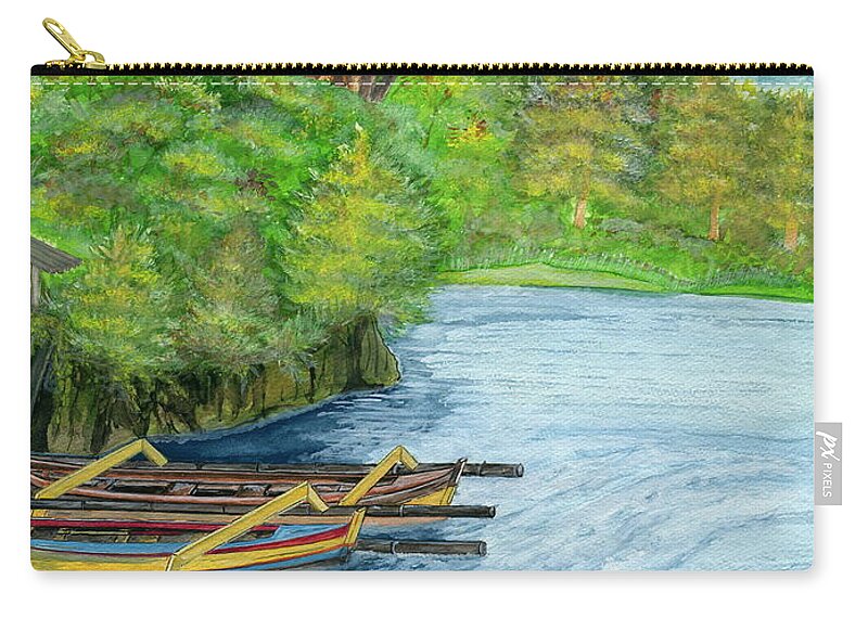 Bali Zip Pouch featuring the painting Lake Bratan Boats Bali Indonesia by Melly Terpening