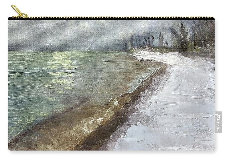 Beach Lake Huron Michigan Superior Sun Snow Water Winter Fog Brown Yellow Green Blue White Sand Tree Seascape Landscape Impressionism Impressionistic Michael Daniels Calm Wave Reflection Zip Pouch featuring the painting Lake Huron Winter Beach by Michael Daniels