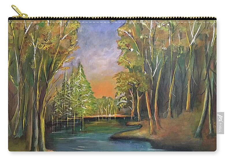 Original Acrylic Painting Zip Pouch featuring the painting Lake in the woods by Maria Karlosak