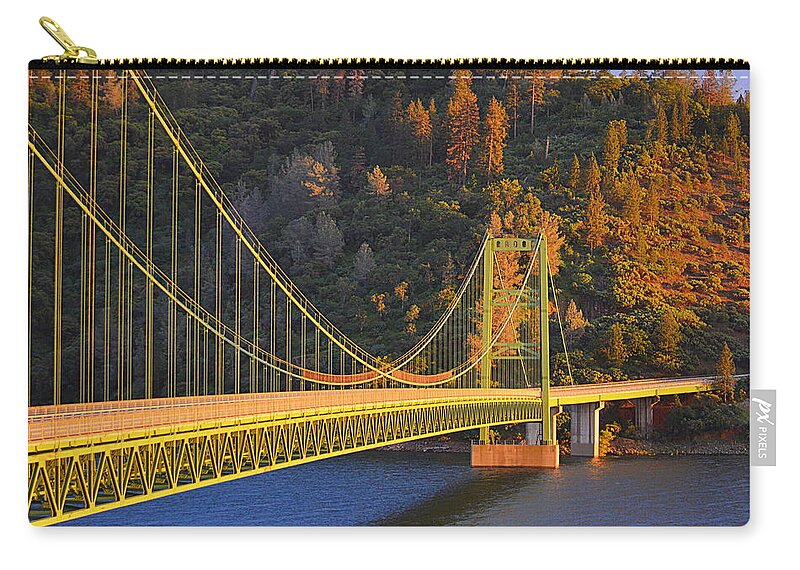 Scenic Zip Pouch featuring the photograph Lake Oroville Green Bridge at Sunset by AJ Schibig