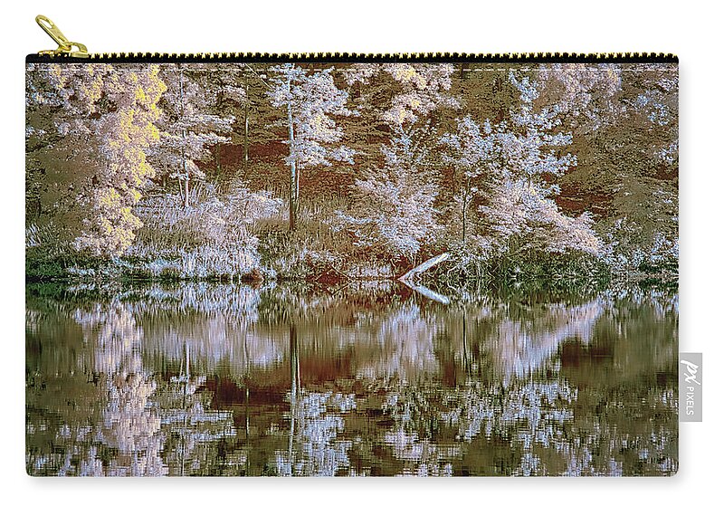 Needwood Zip Pouch featuring the photograph Lake reflection IR faux color by Izet Kapetanovic