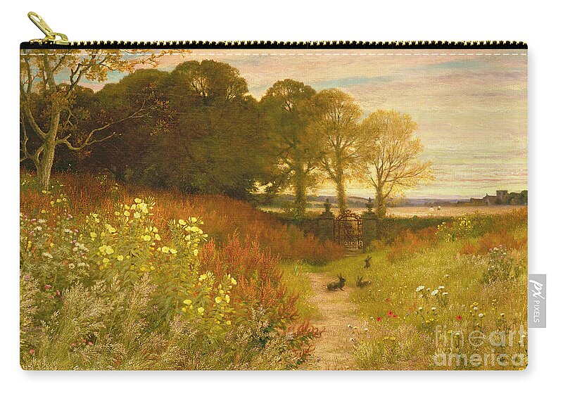 Landscape Zip Pouch featuring the painting Landscape with Wild Flowers and Rabbits by Robert Collinson