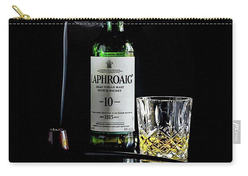 Laphroaig Zip Pouch featuring the photograph Whiskey and Smoke by Adam Reinhart