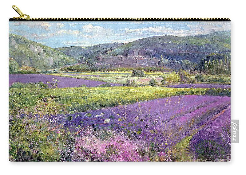 Field; South Of France; French Landscape; Hills; Hill; Landscape; Flower; Flowers Carry-all Pouch featuring the painting Lavender Fields in Old Provence by Timothy Easton
