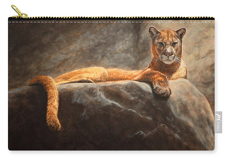 Cougar Zip Pouch featuring the painting Laying Cougar by Linda Merchant