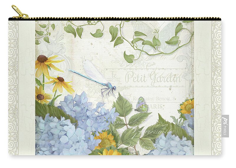Le Petit Jardin Carry-all Pouch featuring the painting Le Petit Jardin 2 - Garden Floral W Dragonfly, Butterfly, Daisies And Blue Hydrangeas w Border by Audrey Jeanne Roberts