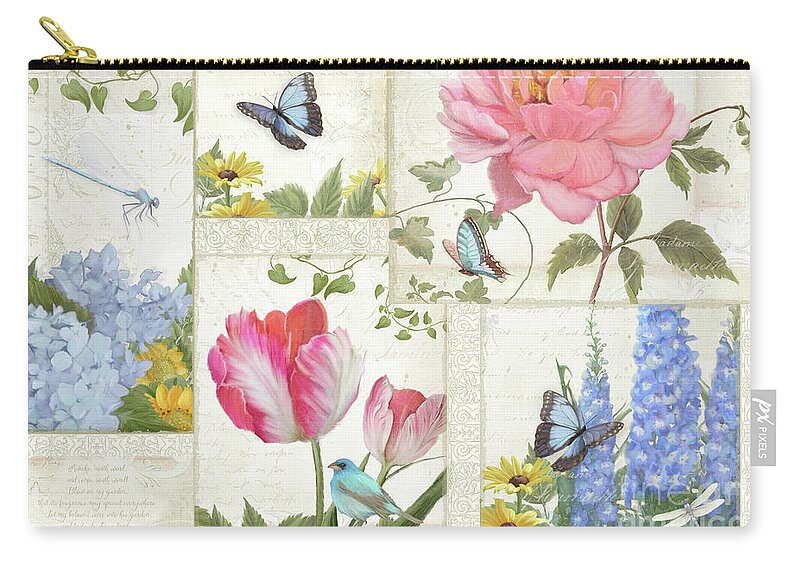 Collage Carry-all Pouch featuring the painting Le Petit Jardin - Collage Garden Floral w Butterflies, Dragonflies and Birds by Audrey Jeanne Roberts
