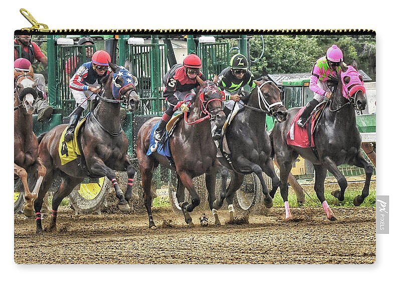 Race Horses Zip Pouch featuring the photograph Leaping forward by Jeffrey PERKINS