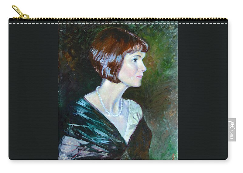 Portrait Zip Pouch featuring the painting Ledy in Green by Ylli Haruni