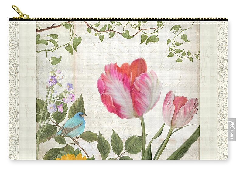 Parrot Tulip Zip Pouch featuring the painting Les Magnifiques Fleurs I - Magnificent Garden Flowers Parrot Tulips n Indigo Bunting Songbird by Audrey Jeanne Roberts