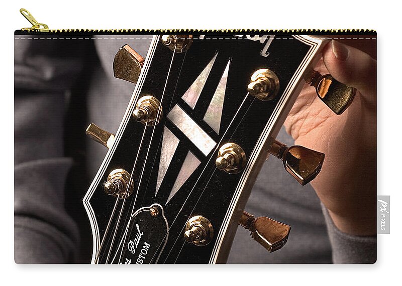Les Paul Zip Pouch featuring the photograph Les Paul - Hands and Gibson Headstock by Gene Martin by David Smith