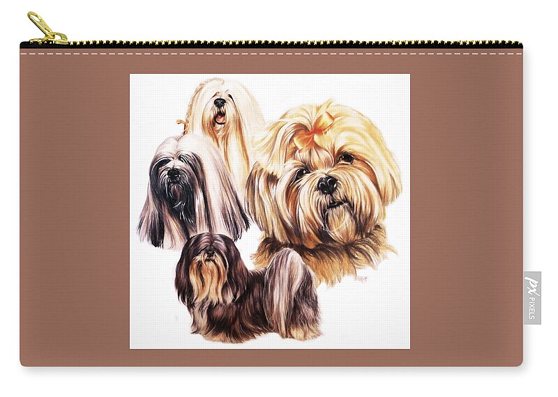 Non-sporting Group Zip Pouch featuring the mixed media Lhasa Apso Montage by Barbara Keith