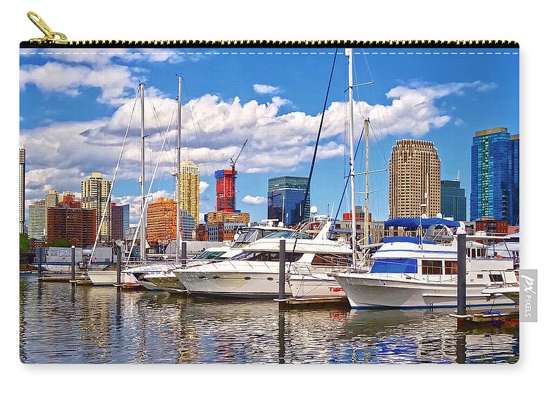 Marina Zip Pouch featuring the photograph Liberty Landing Marina Against Jersey City Skyline by Susan Savad