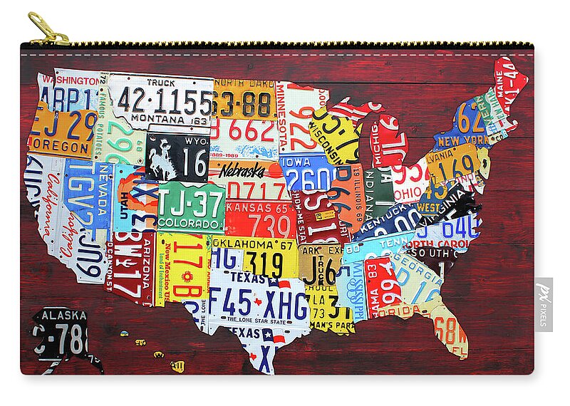 License Plate Map Zip Pouch featuring the mixed media License Plate Map of the United States Custom Edition 2017 by Design Turnpike