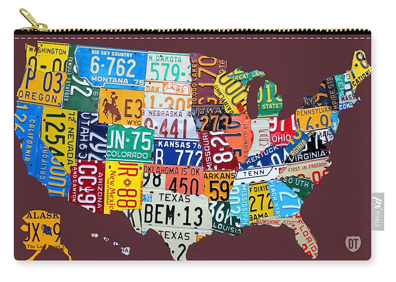 Art Zip Pouch featuring the mixed media License Plate Map of The United States by Design Turnpike