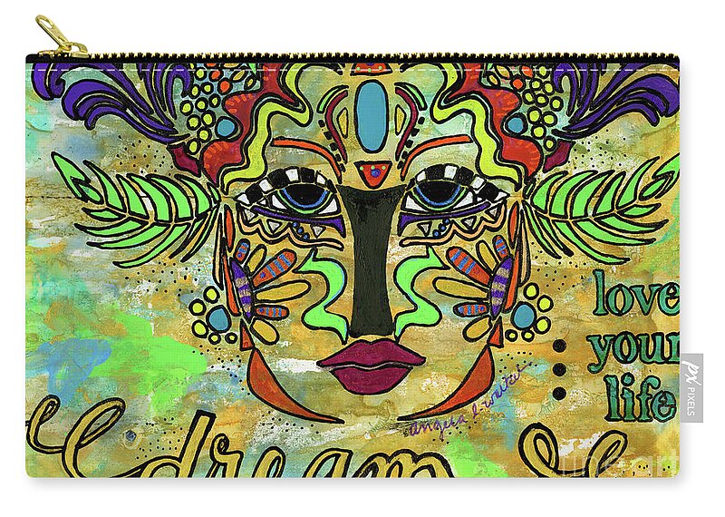 Mixed Media Zip Pouch featuring the mixed media Life Dreams-Ceremonial Mask by Angela L Walker