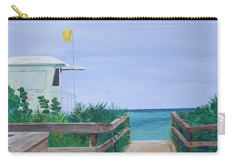 Waveland Zip Pouch featuring the painting Lifeguard Station Waveland Beach by Mike Jenkins
