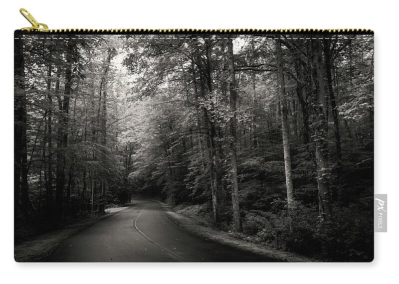 Paved Road Zip Pouch featuring the photograph Light And Shadow On A Mountain Road In Black And White by Greg and Chrystal Mimbs