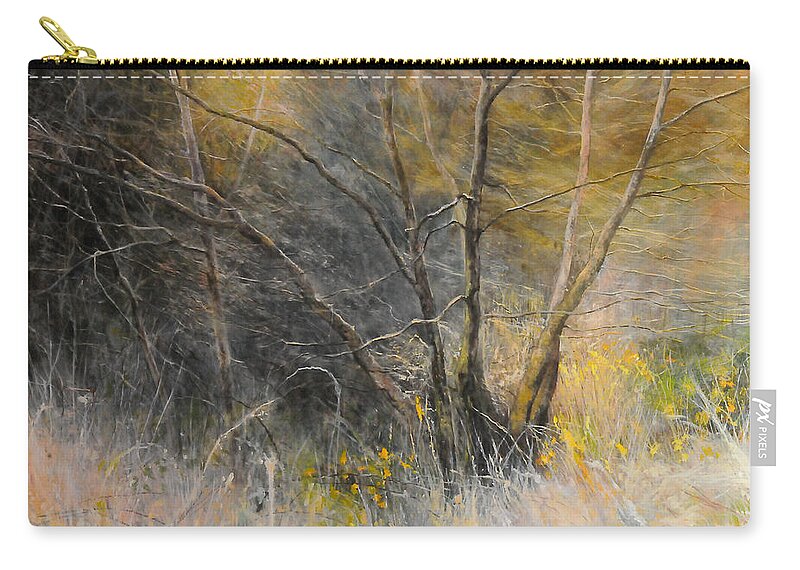 Landscape Zip Pouch featuring the painting Light behind trees. by Harry Robertson