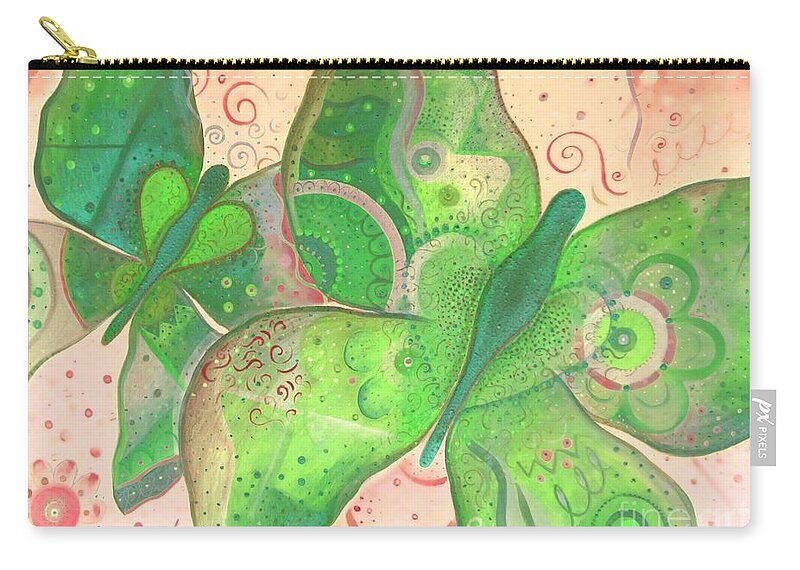 Moth Carry-all Pouch featuring the painting Lighthearted In Green On Red by Helena Tiainen