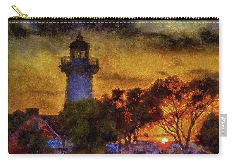 Lighthouse Zip Pouch featuring the mixed media Lighthouse Sunset by Joseph Hollingsworth