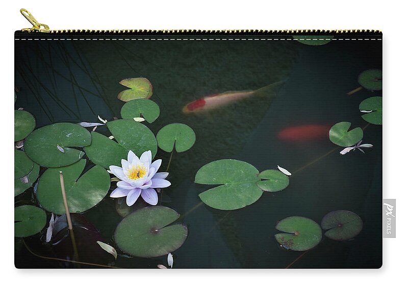 Pond Zip Pouch featuring the photograph Lily Pad Flower and Koi by Mary Lee Dereske